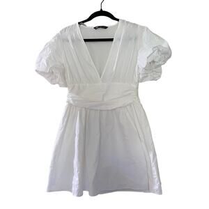 Zara White Puffed Sleeves V-neckline mini Dress Sz Large